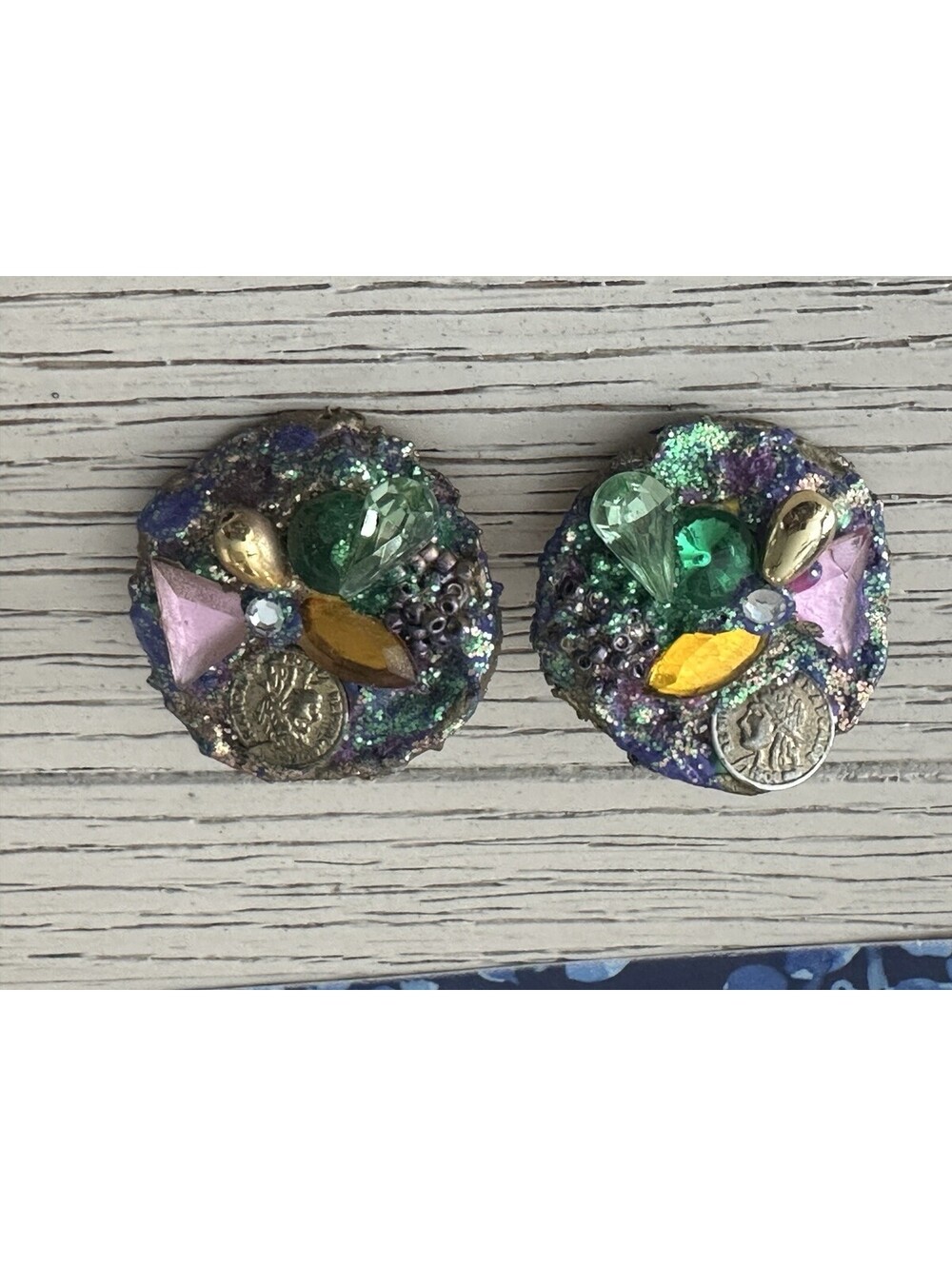 Vintage Handmade 80s 90s Gaudy Rhinestone Coin Mardi Gas Earrings